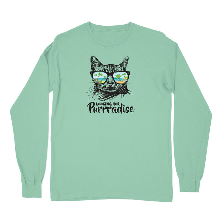 Mint green long-sleeve shirt with a cat graphic and 'Looking for Purrradise' text on a white background