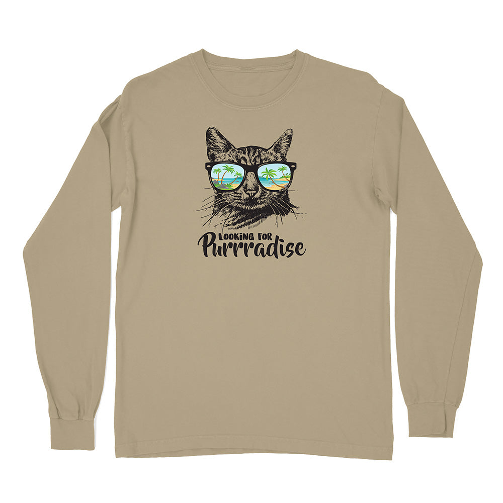 Beige long-sleeve shirt with a cat graphic and 'Looking for Purrradise' text on a white background