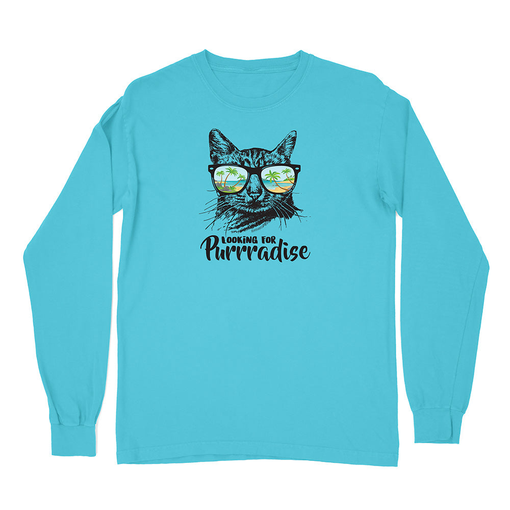 Blue long-sleeve shirt with a cat graphic and 'Looking for Purrradise' text on a white background