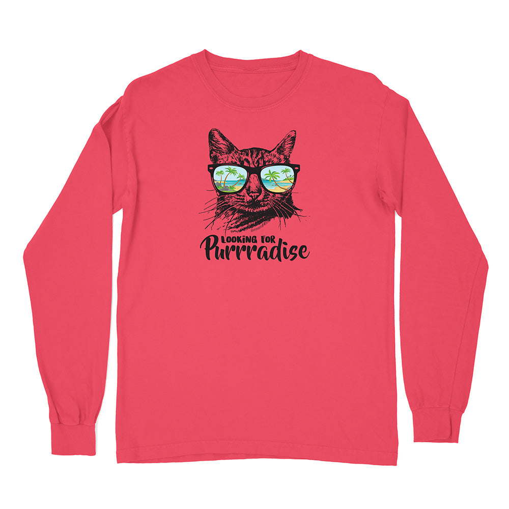 Red long-sleeve shirt with a cat graphic and 'Looking for Purrradise' text on a white background