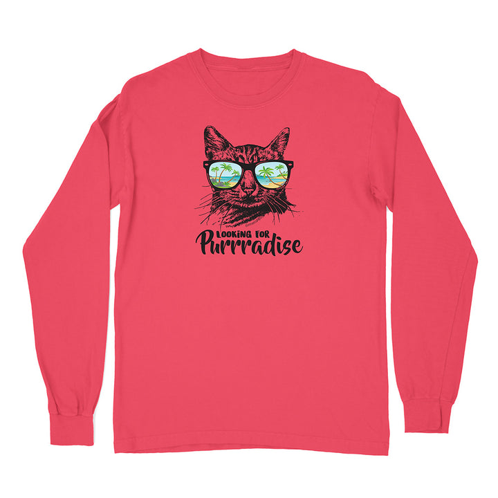 Red long-sleeve shirt with a cat graphic and 'Looking for Purrradise' text on a white background