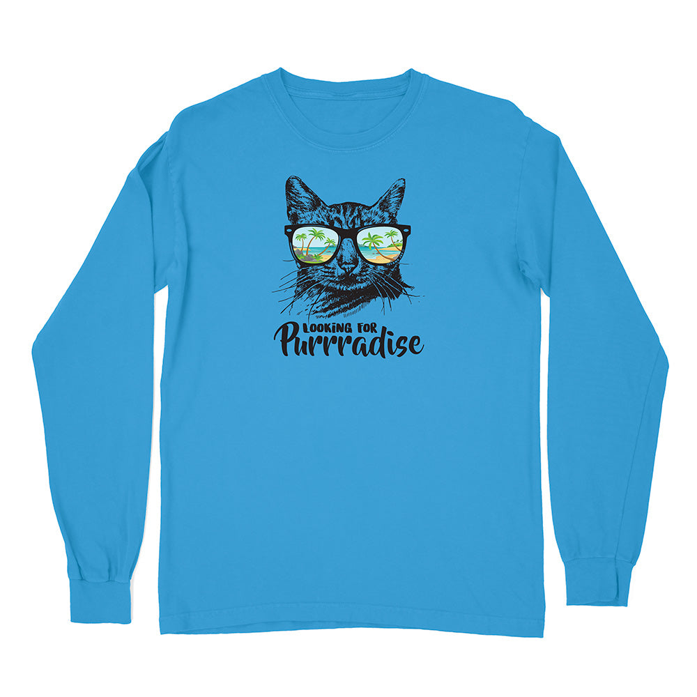 Blue long-sleeve shirt with a cat graphic and 'Looking for Purrradise' text on a white background