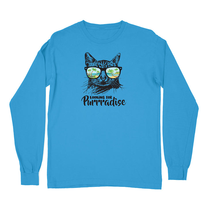 Blue long-sleeve shirt with a cat graphic and 'Looking for Purrradise' text on a white background