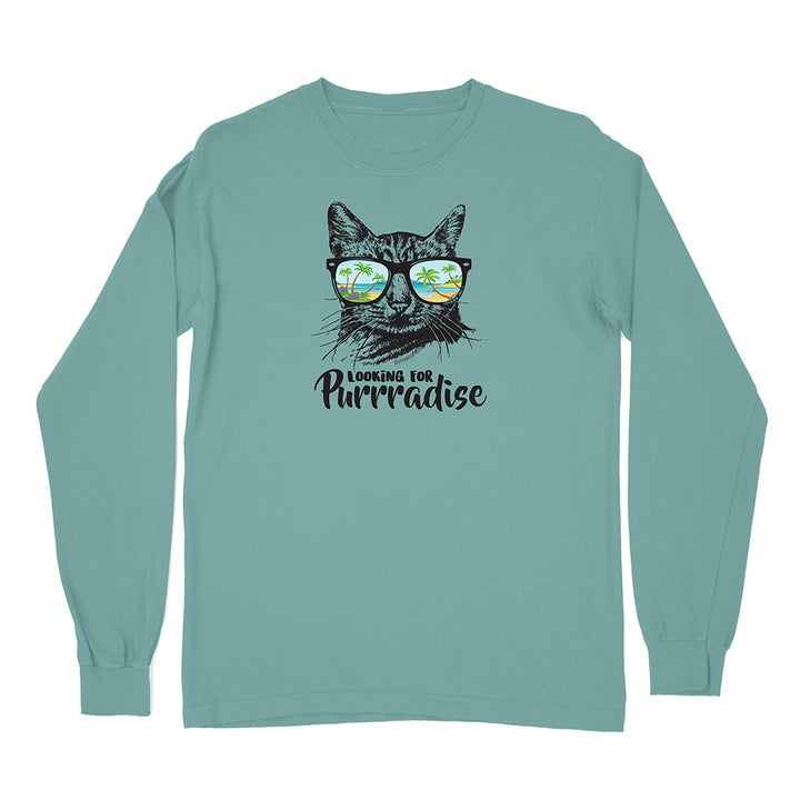 Teal long-sleeve shirt with a cat graphic and 'Looking for Purrradise' text on a white background