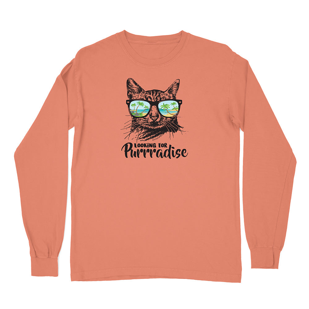 Coral long-sleeve shirt with a cat graphic and 'Looking for Purrradise' text on a white background