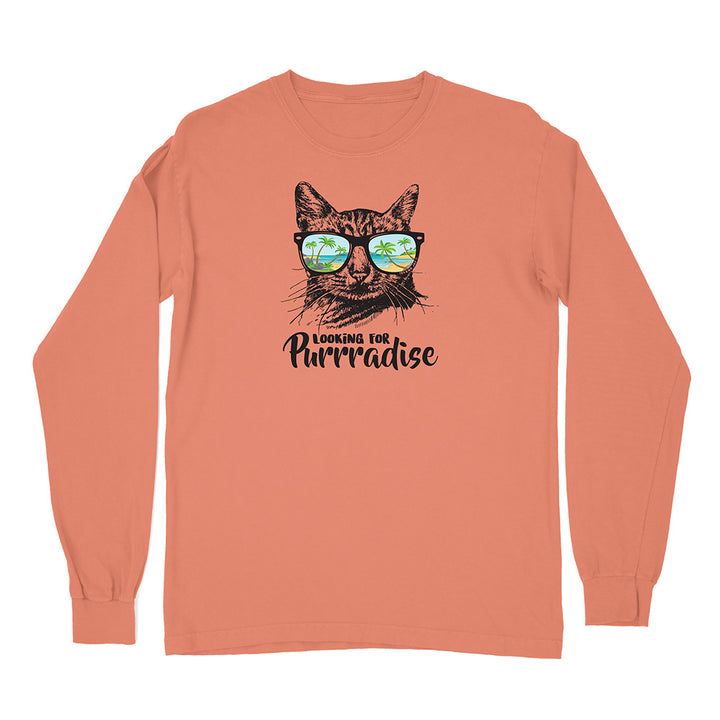 Coral long-sleeve shirt with a cat graphic and 'Looking for Purrradise' text on a white background