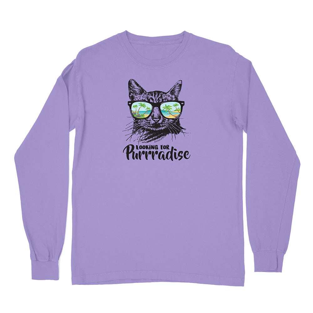 Purple long-sleeve shirt with a cat graphic and 'Looking for Purrradise' text on a white background