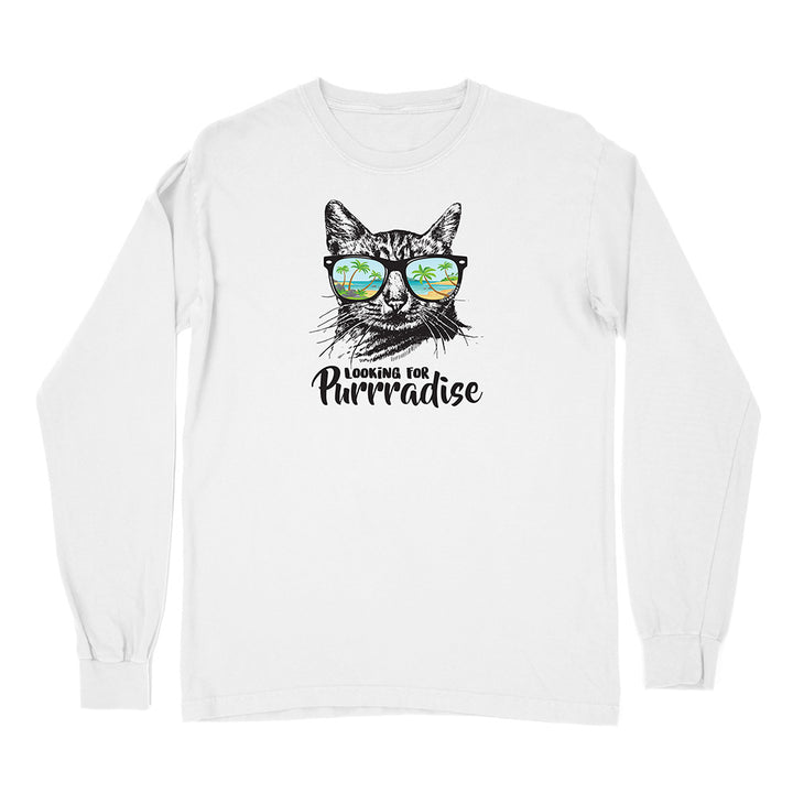 White long-sleeve shirt with a cat graphic and 'Looking for Purrradise' text on a white background