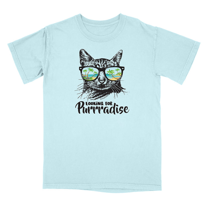 Light blue t-shirt with a cat graphic and text 'Looking for Purrradise' on a white background
