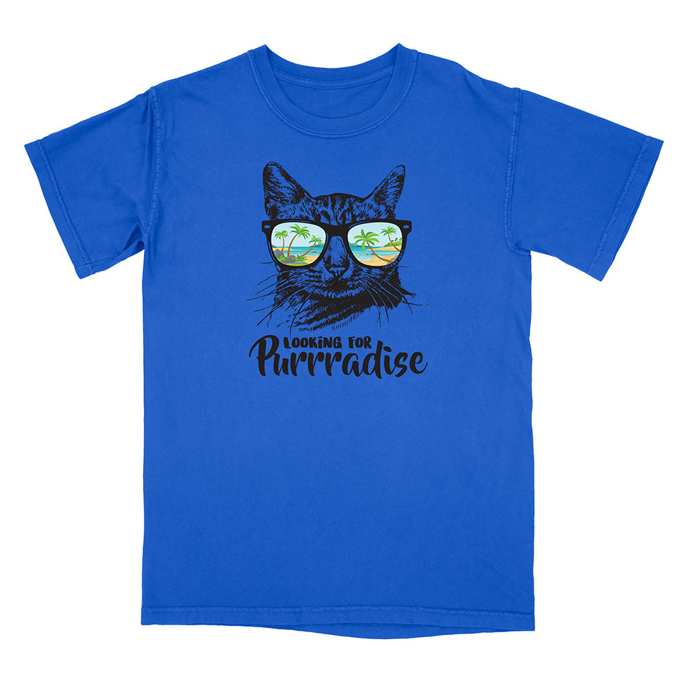 Blue t-shirt with a cat wearing sunglasses and 'Looking for Purrradise' text on a white background