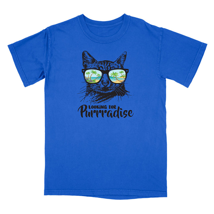 Blue t-shirt with a cat wearing sunglasses and 'Looking for Purrradise' text on a white background