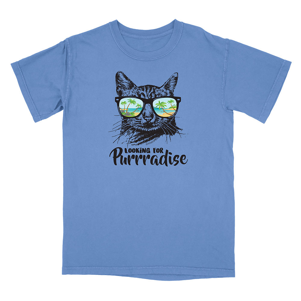 Blue t-shirt with a cat graphic and 'Looking for Purrradise' text on a white background