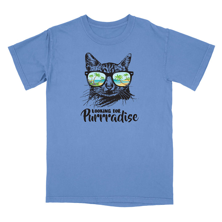 Blue t-shirt with a cat graphic and 'Looking for Purrradise' text on a white background