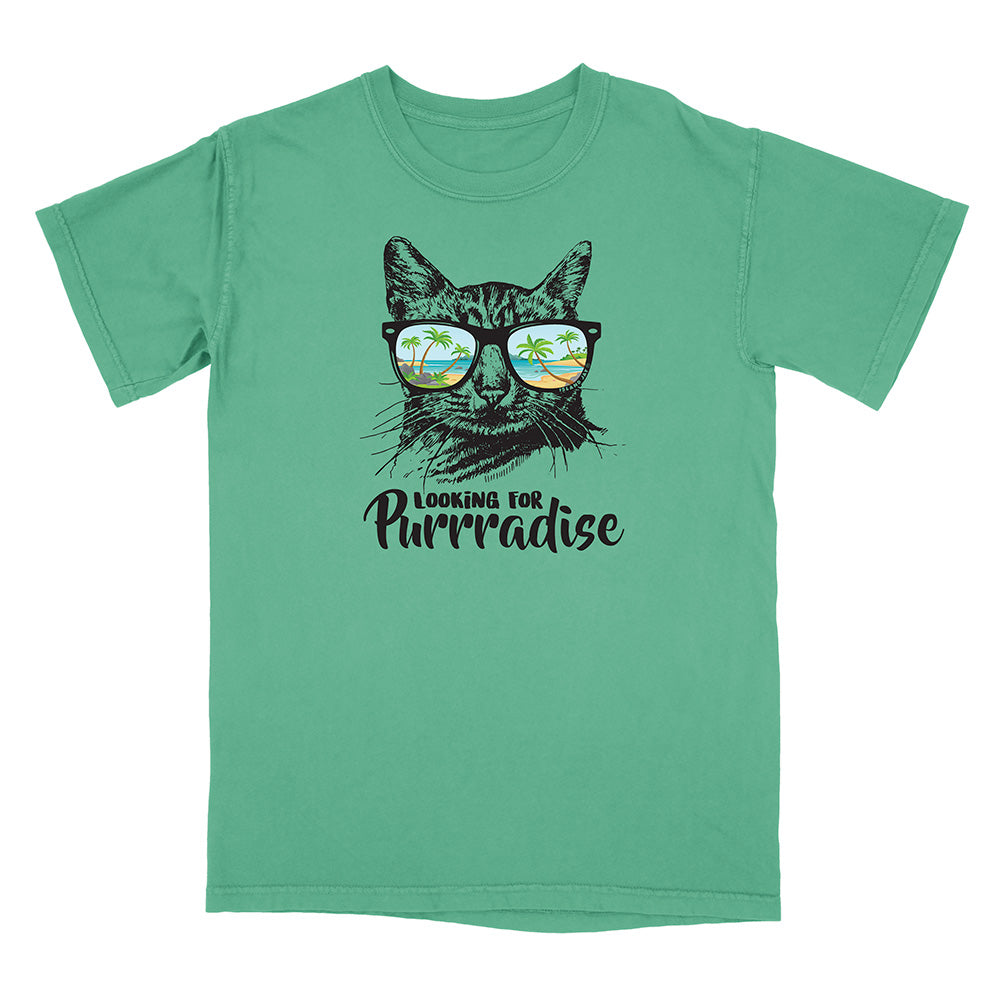 Green t-shirt with a cat graphic and 'Looking for Purrradise' text on a white background