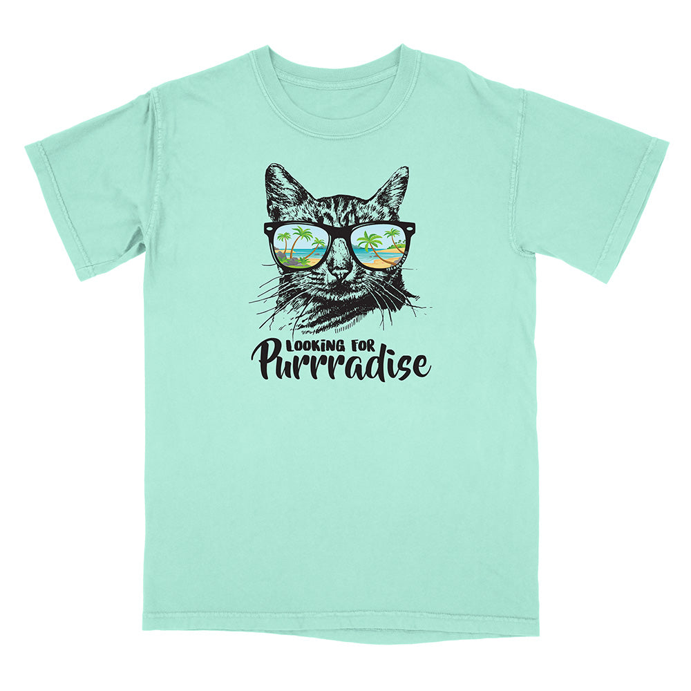 Mint green t-shirt with a cat graphic and text 'Looking for Purrradise' on a white background