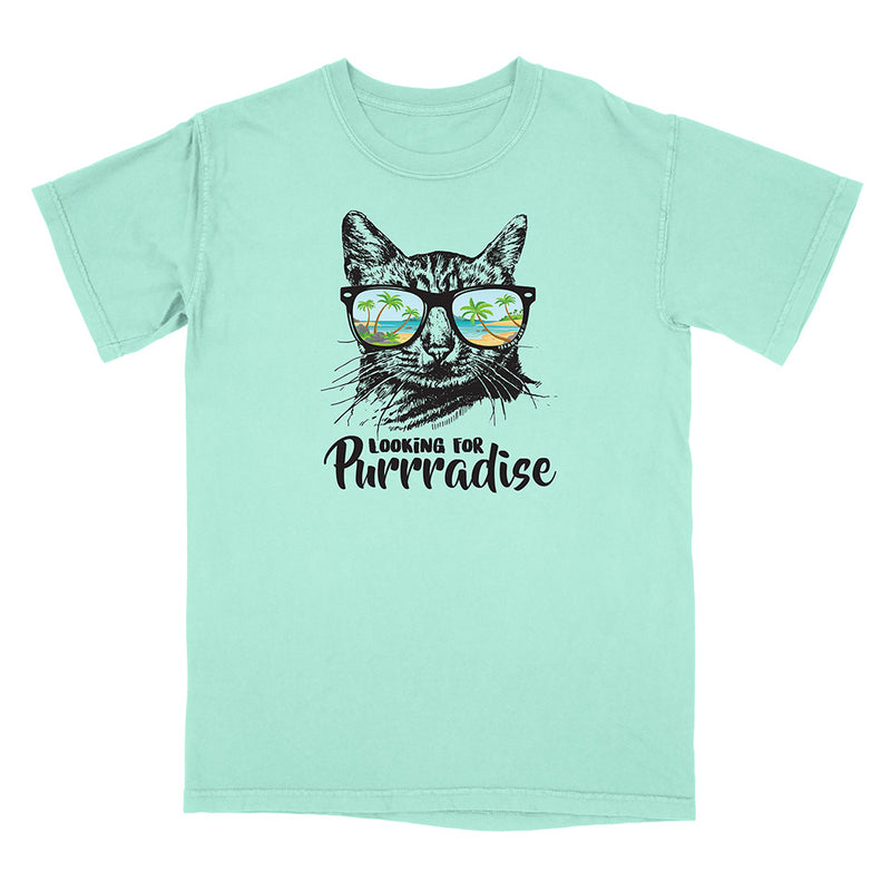 Mint green t-shirt with a cat graphic and text 'Looking for Purrradise' on a white background
