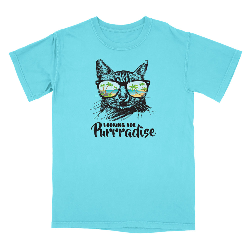 Light blue t-shirt with a cat graphic and text 'Looking for Purrradise' on a white background