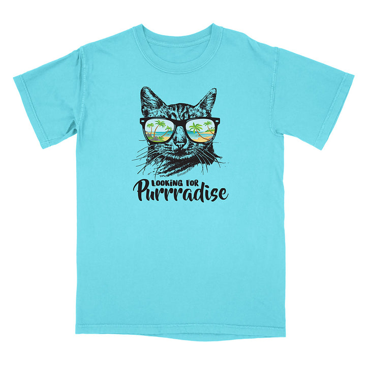 Light blue t-shirt with a cat graphic and text 'Looking for Purrradise' on a white background