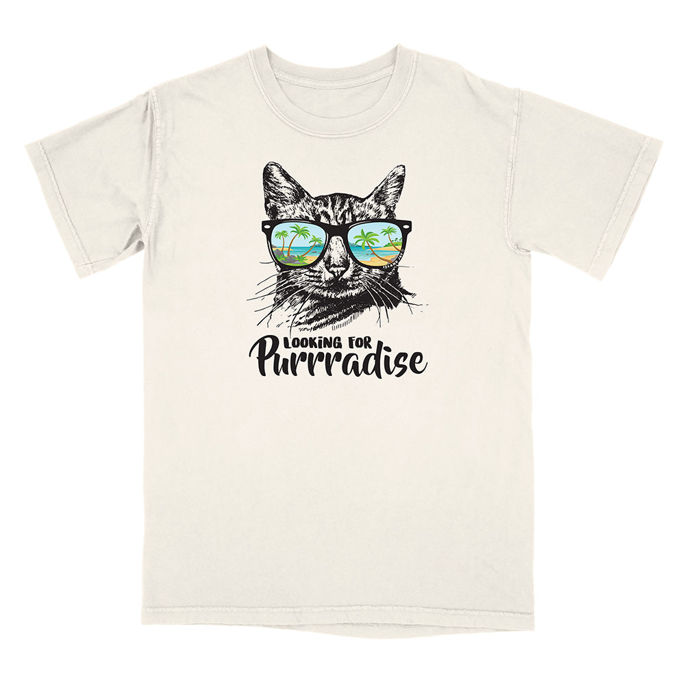 Beige t-shirt with a cat graphic and 'Looking for Purradise' text on a white background