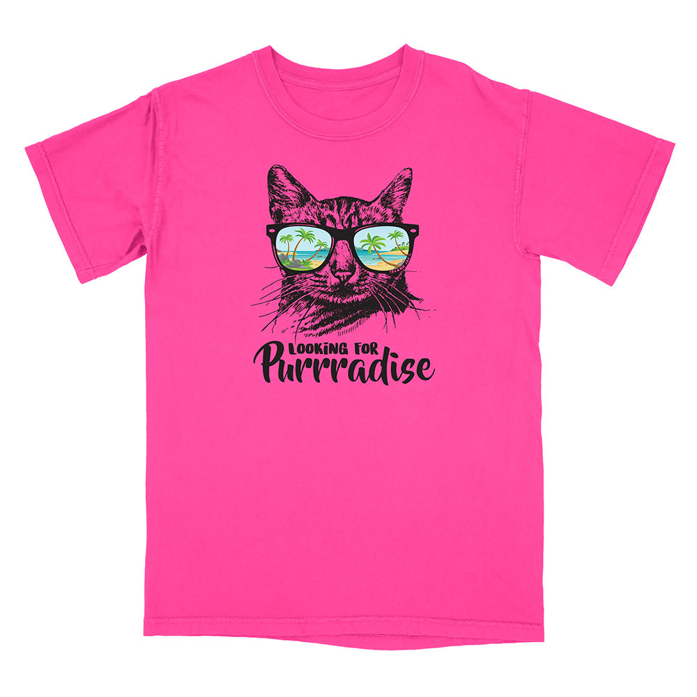 Pink t-shirt with a cat graphic and 'Looking for Purrradise' text on a white background
