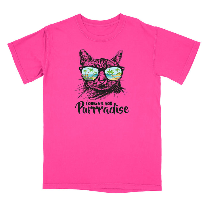 Pink t-shirt with a cat graphic and 'Looking for Purrradise' text on a white background