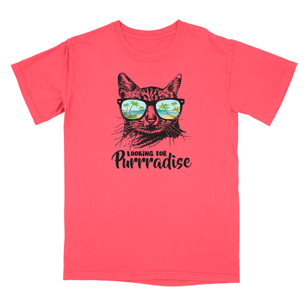 Pink t-shirt with a cat graphic and 'Looking for Purrradise' text on a white background