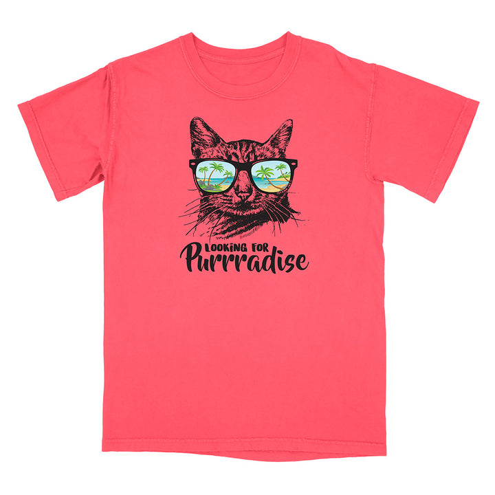 Pink t-shirt with a cat graphic and 'Looking for Purrradise' text on a white background
