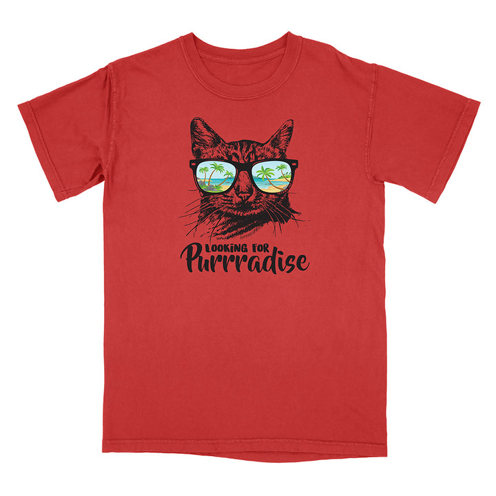 Red t-shirt with a cat graphic and 'Looking for Purrradise' text on a white background