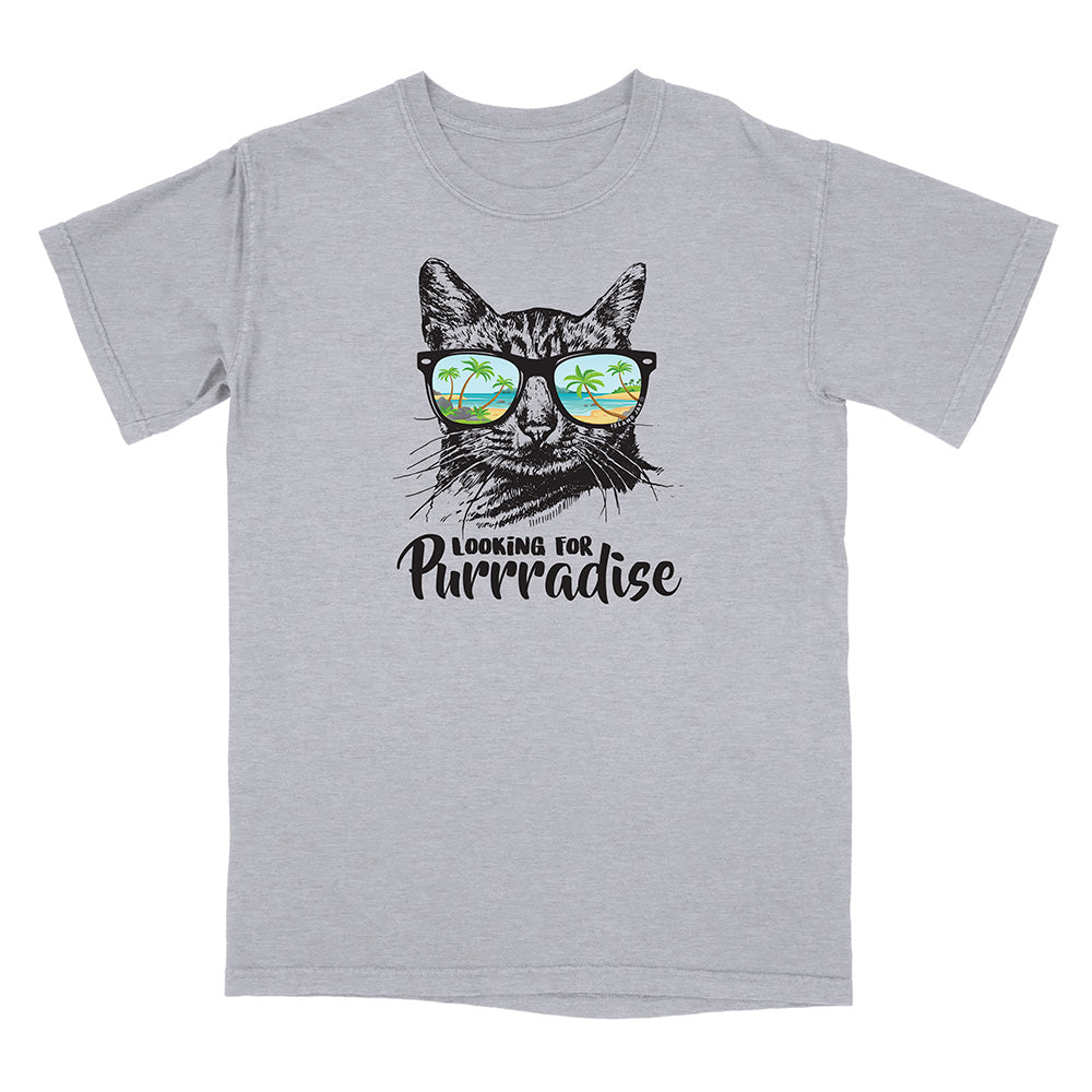 Gray t-shirt with a cat wearing sunglasses and 'Looking for Purrradise' text on a white background