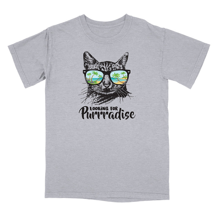 Gray t-shirt with a cat wearing sunglasses and 'Looking for Purrradise' text on a white background