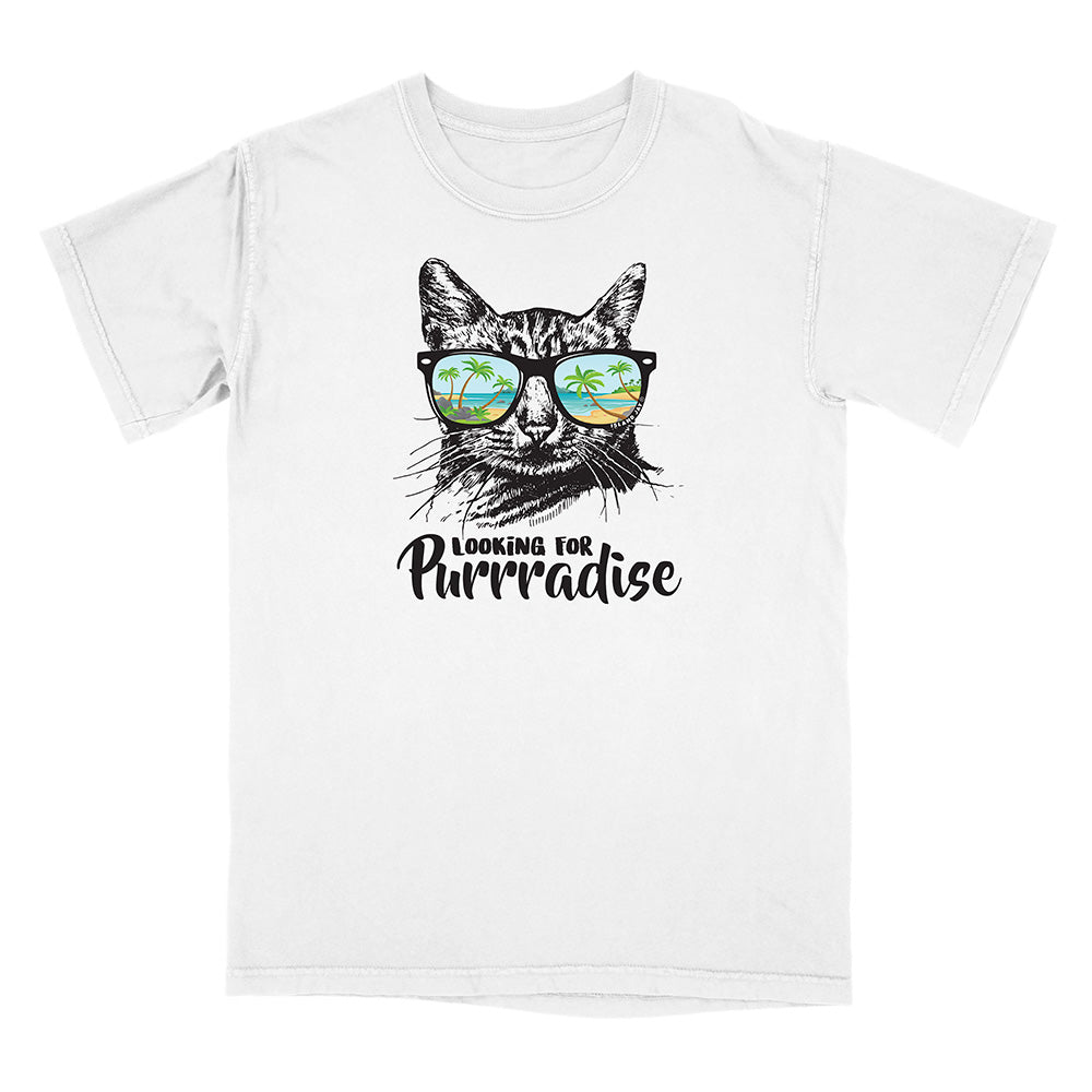 White t-shirt with a cat wearing sunglasses and 'Looking for Purrradise' text on a white background