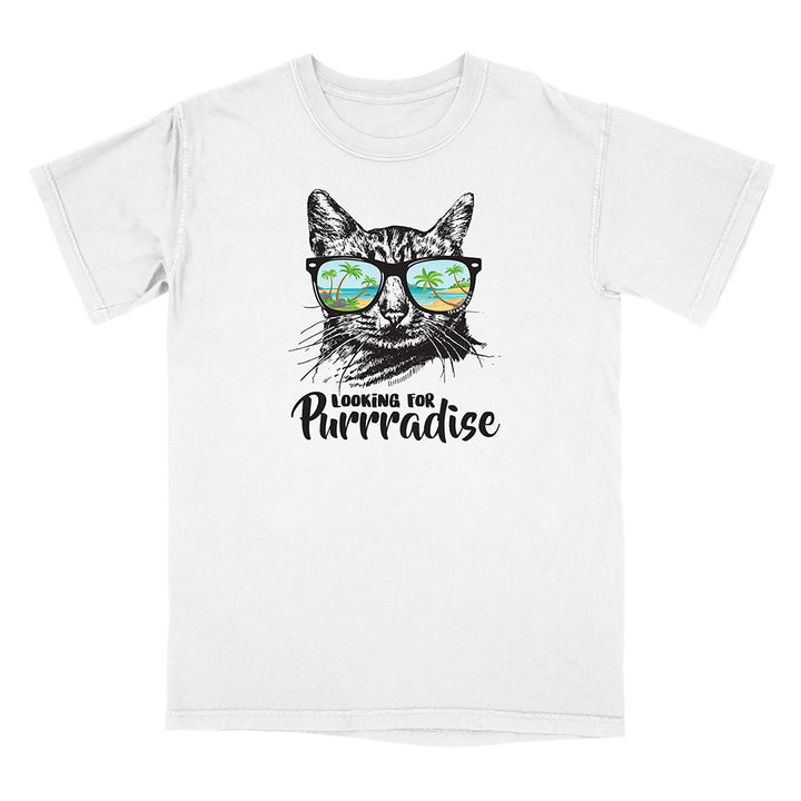 White t-shirt with a cat wearing sunglasses and 'Looking for Purrradise' text on a white background