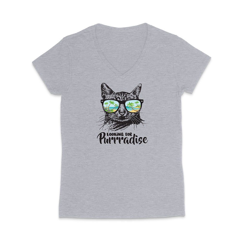 Gray t-shirt with a cat graphic and text 'Looking for Purrradise' on a white background