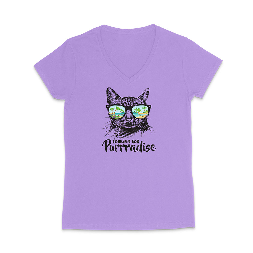 Purple t-shirt with a cat graphic and text on a white background