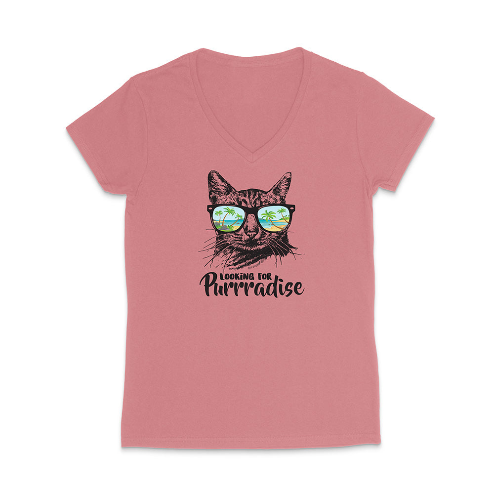 Pink t-shirt with a cat graphic and text 'Looking for Purradise' on a white background