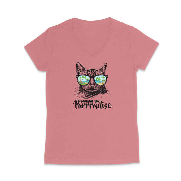 Pink t-shirt with a cat graphic and text 'Looking for Purradise' on a white background