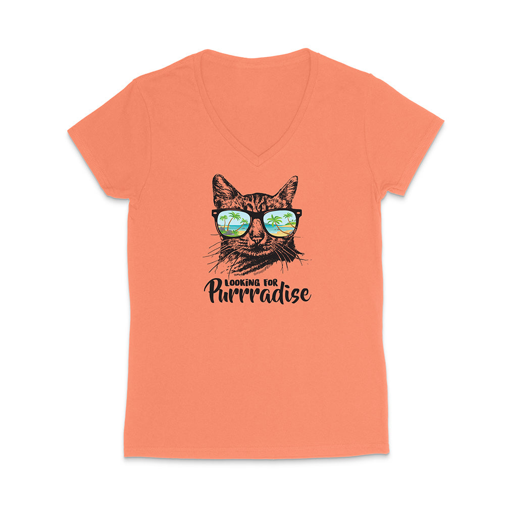 Coral t-shirt with a cat graphic and text 'Looking for Purrradise' on a white background
