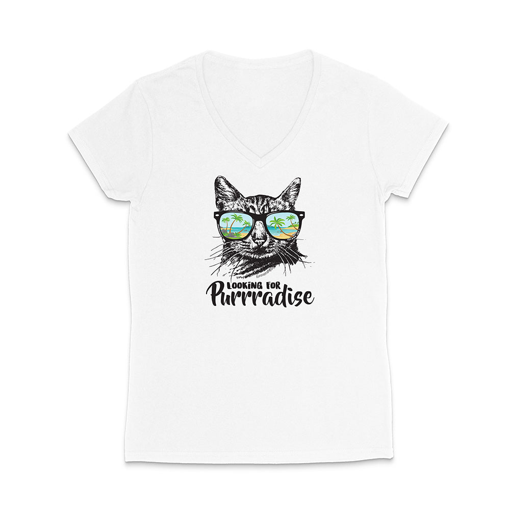 White t-shirt with a cat graphic and text 'Looking for Purrradise' on a white background