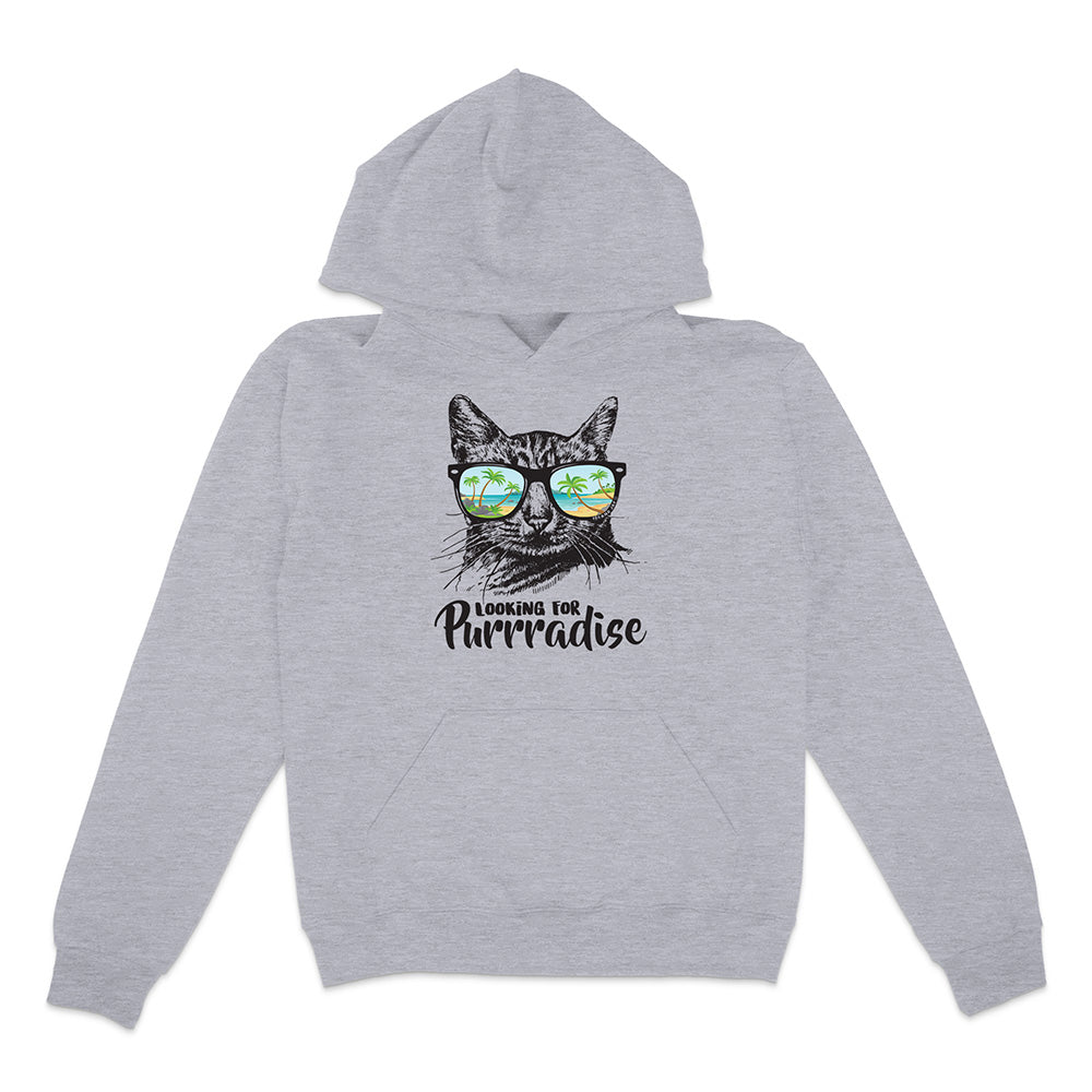 Gray hoodie with a cat graphic and text on a white background