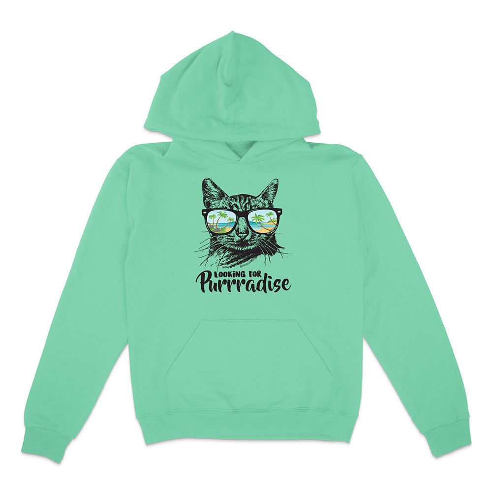 Mint green hoodie with a cat graphic and text on a white background