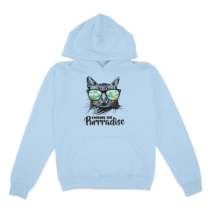 Light blue hoodie with a cat graphic and text on a white background