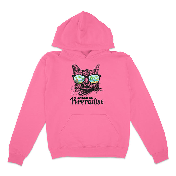 Pink hoodie with a cat graphic and text on a white background