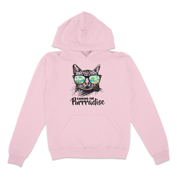 Pink hoodie with a cat graphic and text on a white background