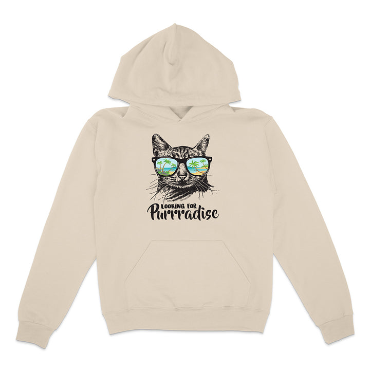 Beige hoodie with a cat graphic and text on a white background