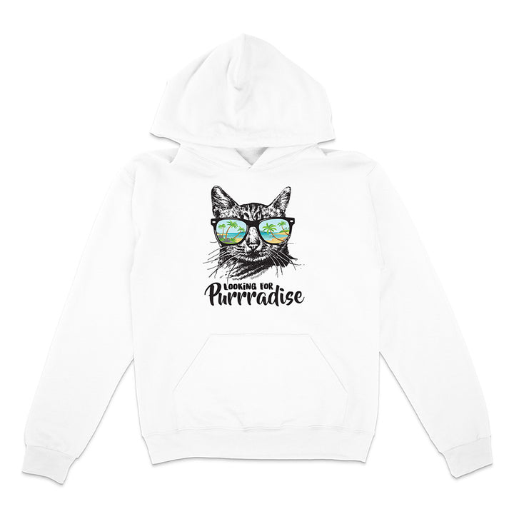 White hoodie with a cat graphic and text on a white background