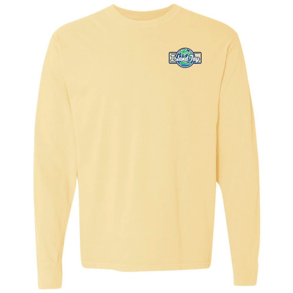 Yellow long-sleeve shirt with a logo on the chest against a white background