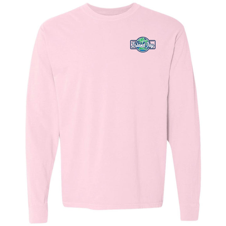 Pink long-sleeve shirt with a logo on the chest against a white background