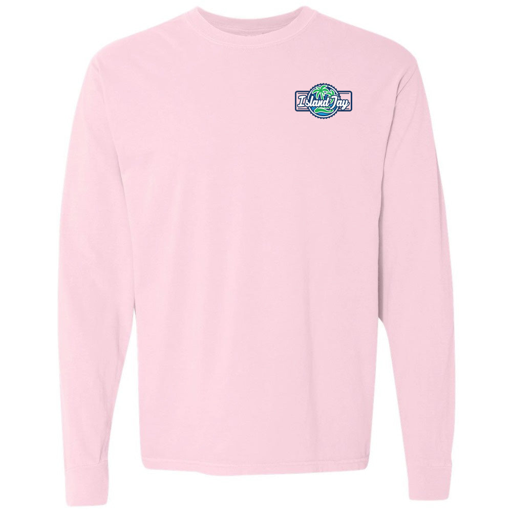 Pink long-sleeve shirt with a logo on the chest against a white background