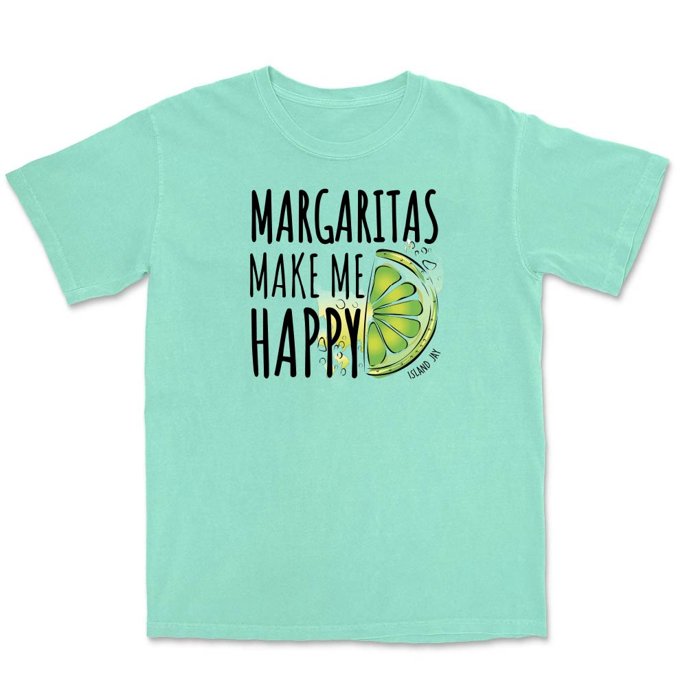 Mint green t-shirt with 'Margaritas Make Me Happy' text and lime graphic on a white background