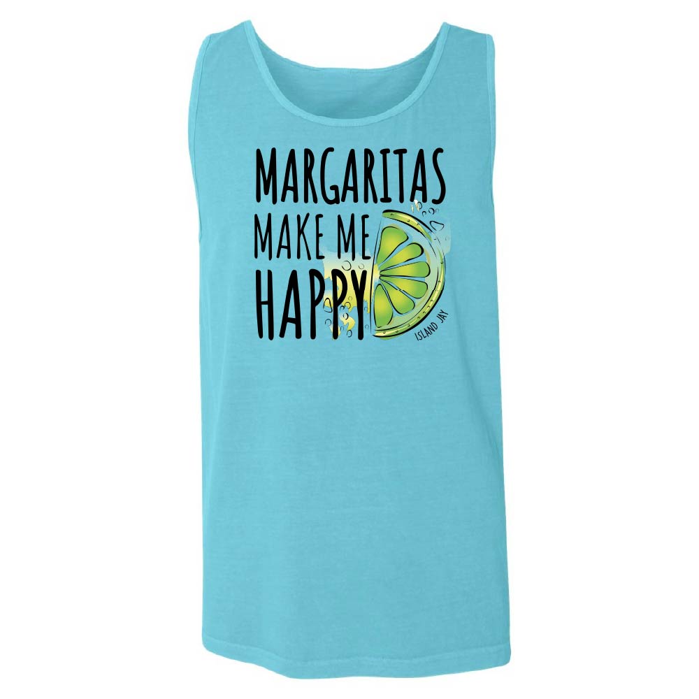 Blue tank top with 'Margaritas Make Me Happy' text and lime graphic.